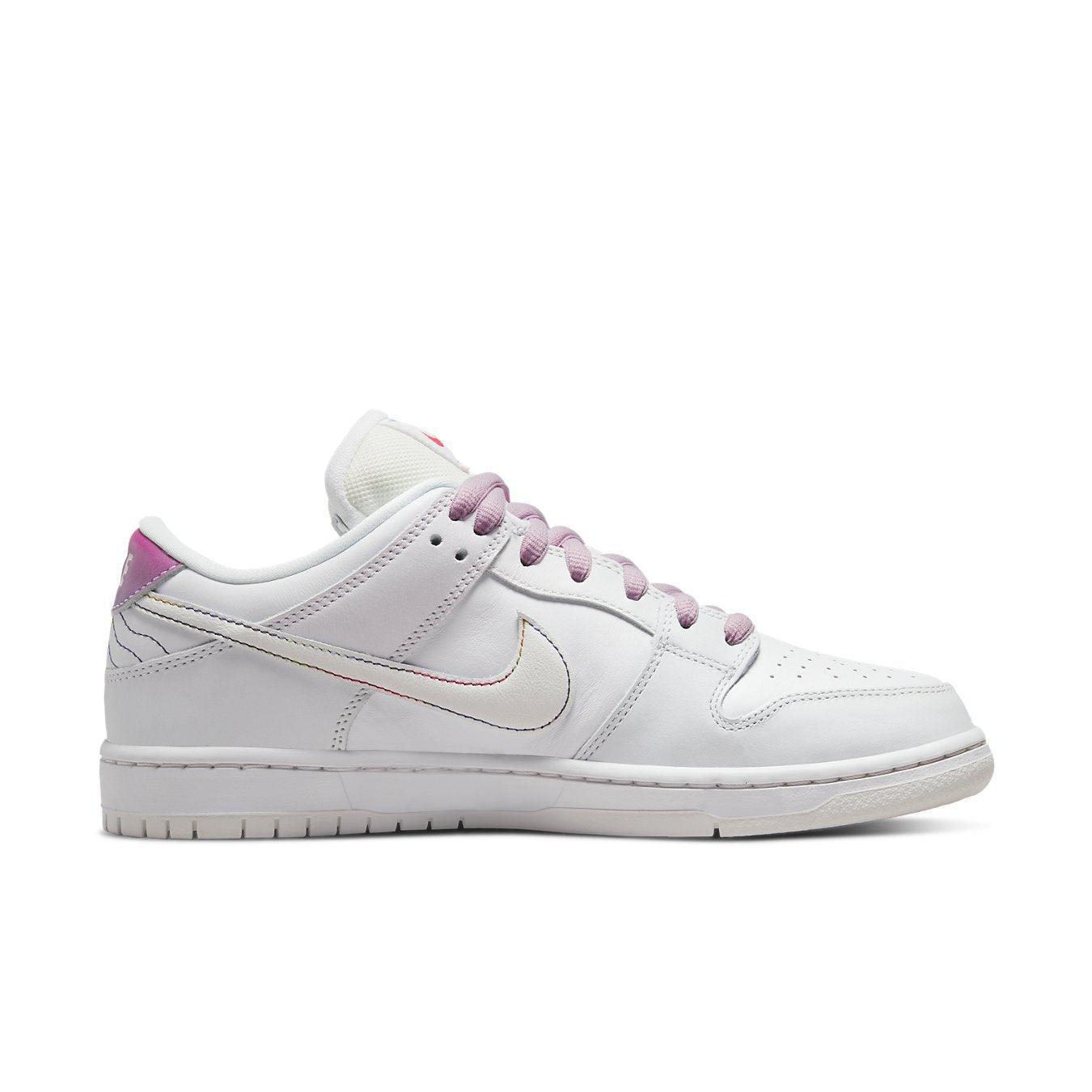 Nike SB Dunk Low Pro Be True sneakers in white with colorful details, showcasing vibrant design for Pride Month.