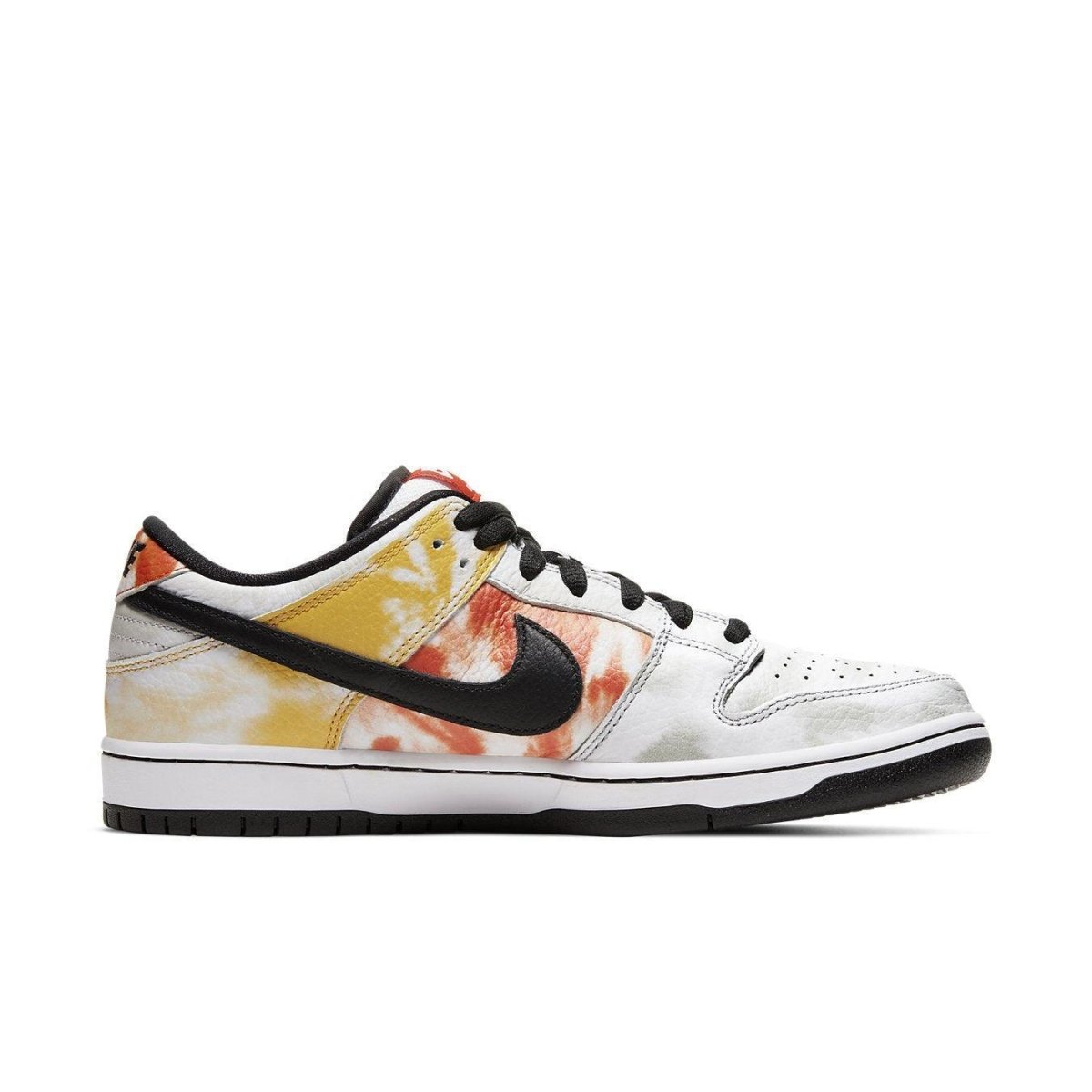 Nike SB Dunk Low Tie-Dye Raygun in white with colorful tie-dye design and black accents, side view.