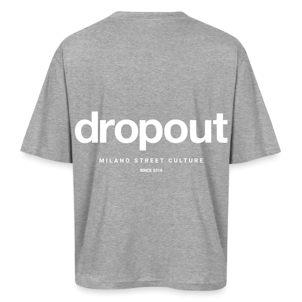 Gray oversized tee featuring a bold 'dropout' logo on the back, perfect for casual street style.