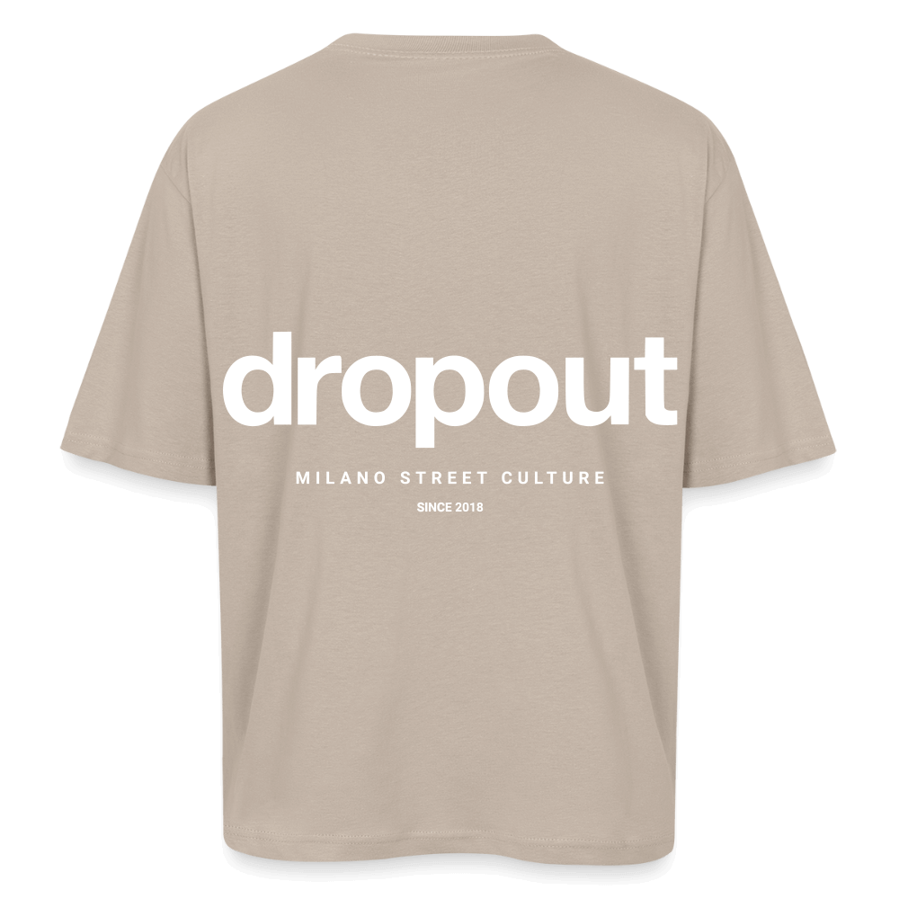 Back view of oversized beige tee featuring bold Dropout logo and Milano Street Culture text.