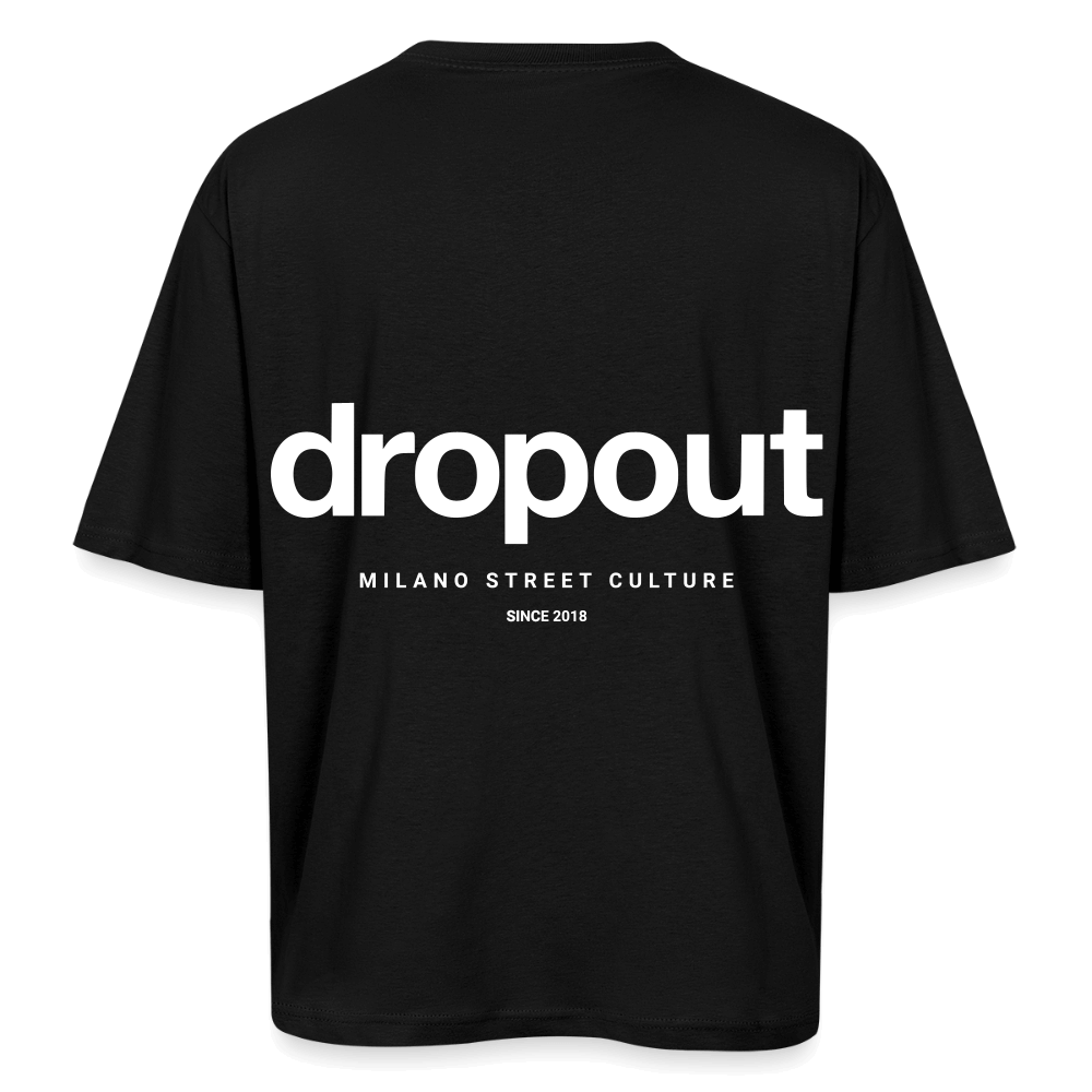 Back view of an oversized black tee featuring bold 'dropout' logo, showcasing Milano Street Culture since 2018.