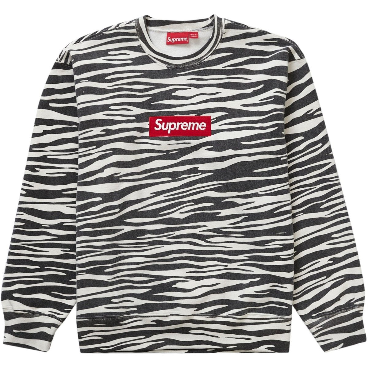 Supreme Box Logo Crewneck Zebra in black and white zebra pattern, made of thick cotton for comfort and style.