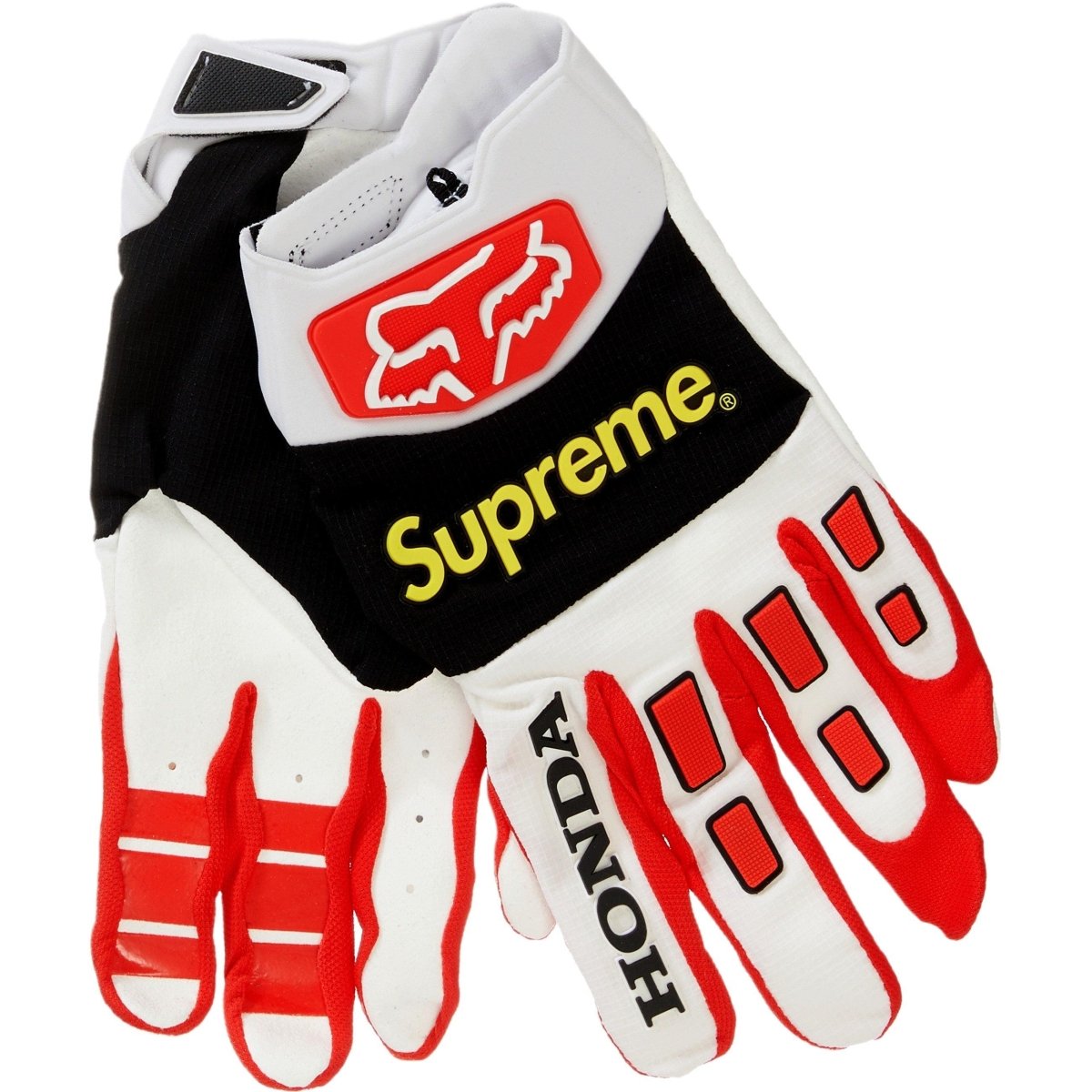 Supreme Honda Fox Racing Gloves in red, featuring a stylish design for motocross enthusiasts and optimal grip.