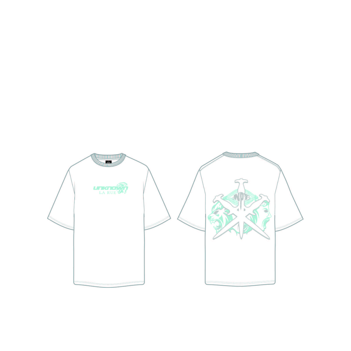 White Simba La Rue x Unknown tee featuring a front logo and striking design on the back, perfect for casual wear.