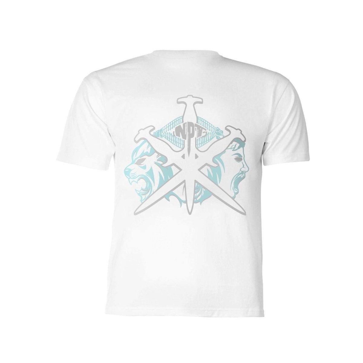White NPT Simba La Rue Tee featuring dual lion graphics and intricate sword design on the back.