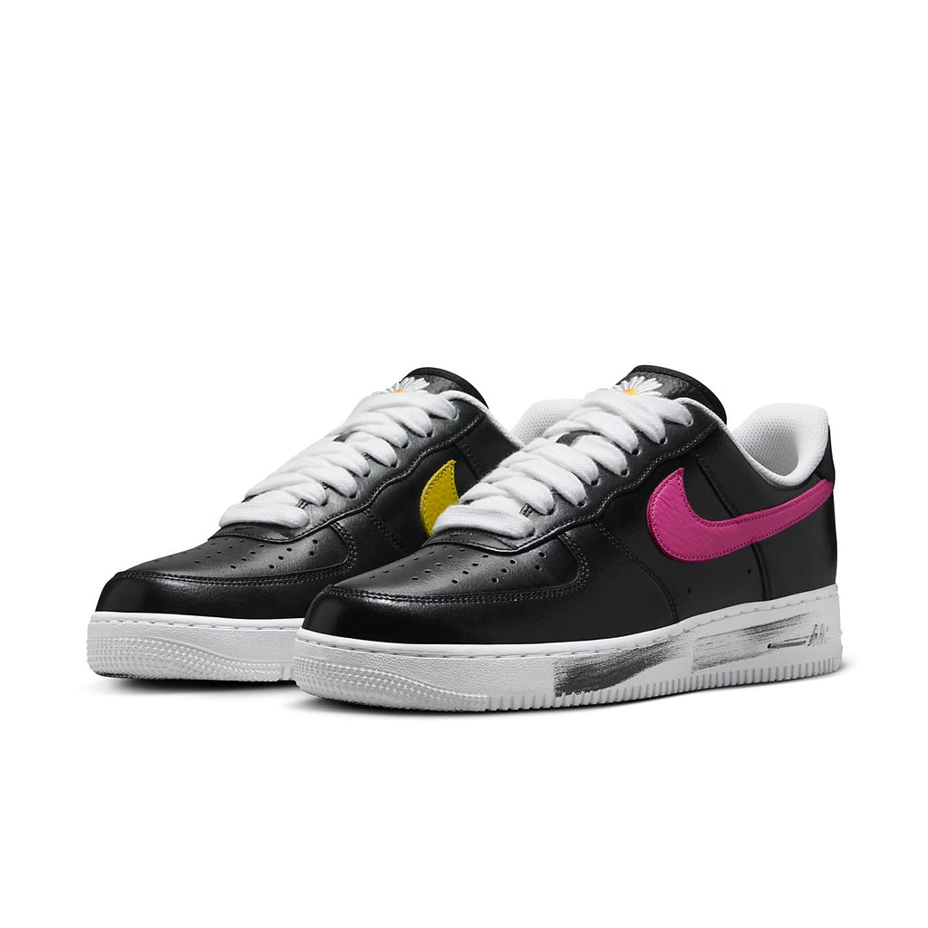 Nike Air Force 1 Low G-Dragon Para-Noise 3.0 featuring black leather upper, colorful Swooshes, and embroidered daisy.