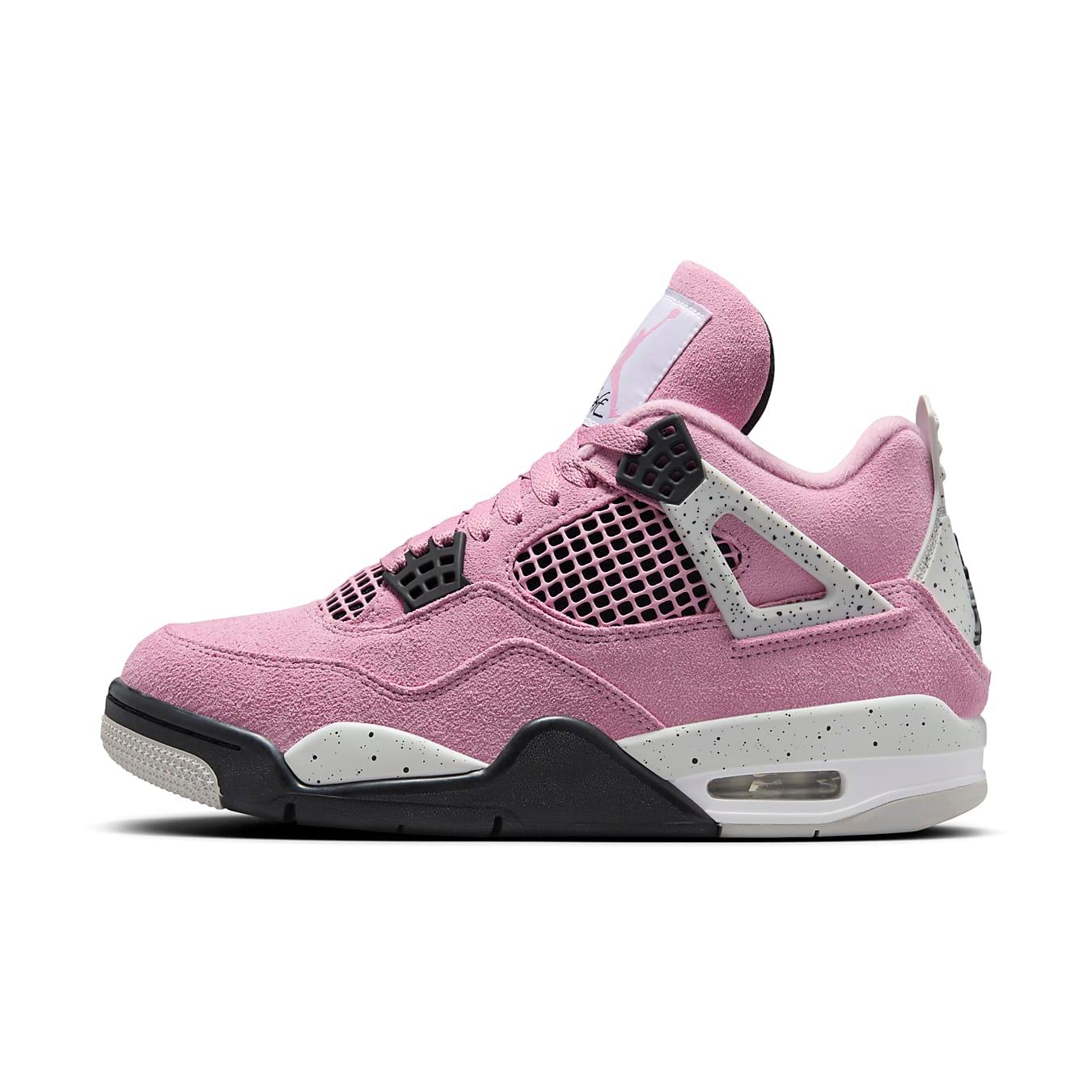 Women's Air Jordan 4 Retro Orchid in soft lilac suede with breathable mesh and TPU support details.