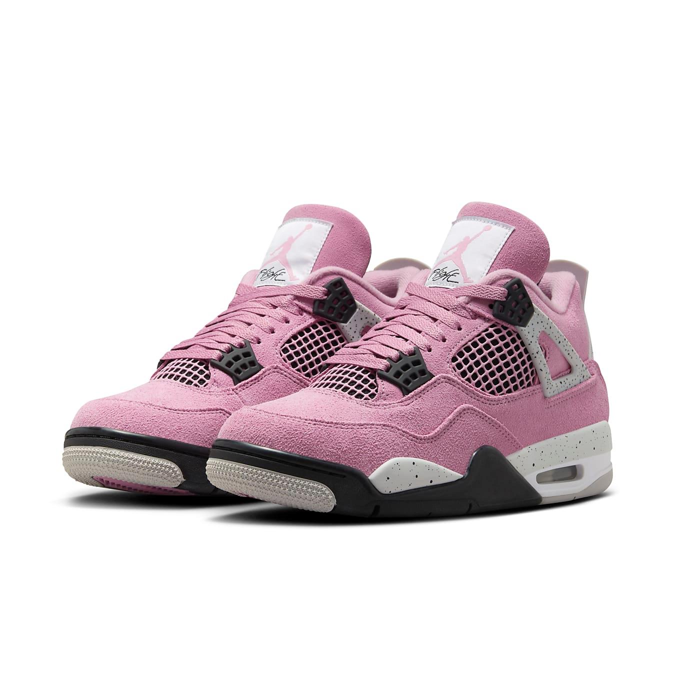 Women's Air Jordan 4 Retro Orchid shoes in soft pink suede with grey details and classic Jumpman logo, stylish and functional.