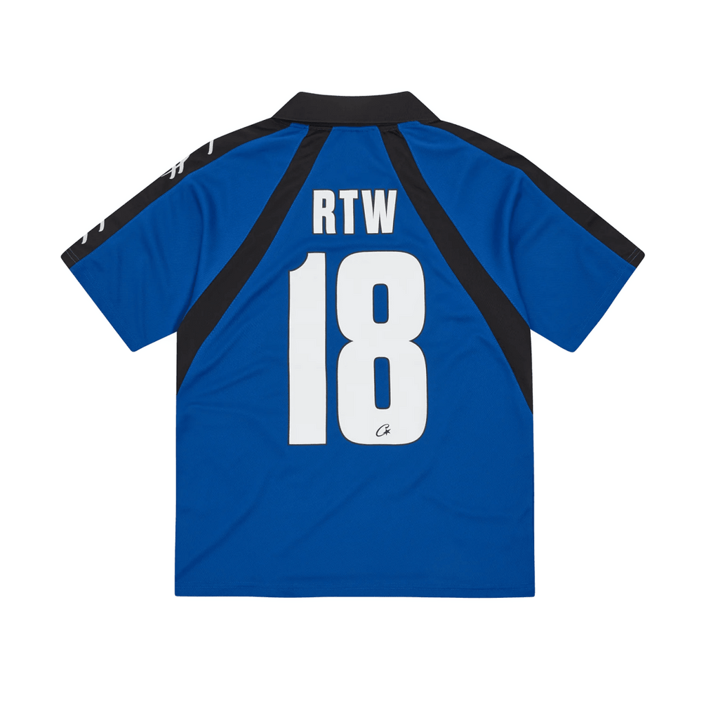 Corteiz Alcatraz Football Jersey Navy with RTW 18 on the back, designed for comfort and true to size.