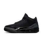 Air Jordan 3 Retro Black Cat 2025, all-black sneaker with nubuck upper and elephant print details.