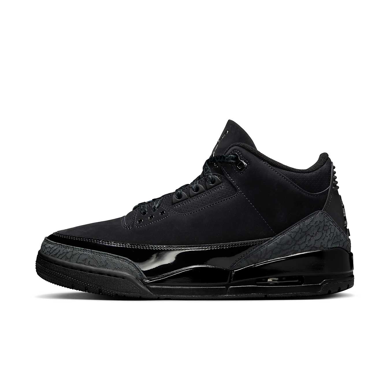 Air Jordan 3 Retro Black Cat 2025, all-black sneaker with nubuck upper and elephant print details.