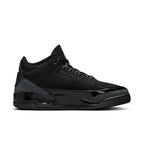 Air Jordan 3 Retro Black Cat (2025) all-black sneaker with nubuck leather and elephant print overlays.