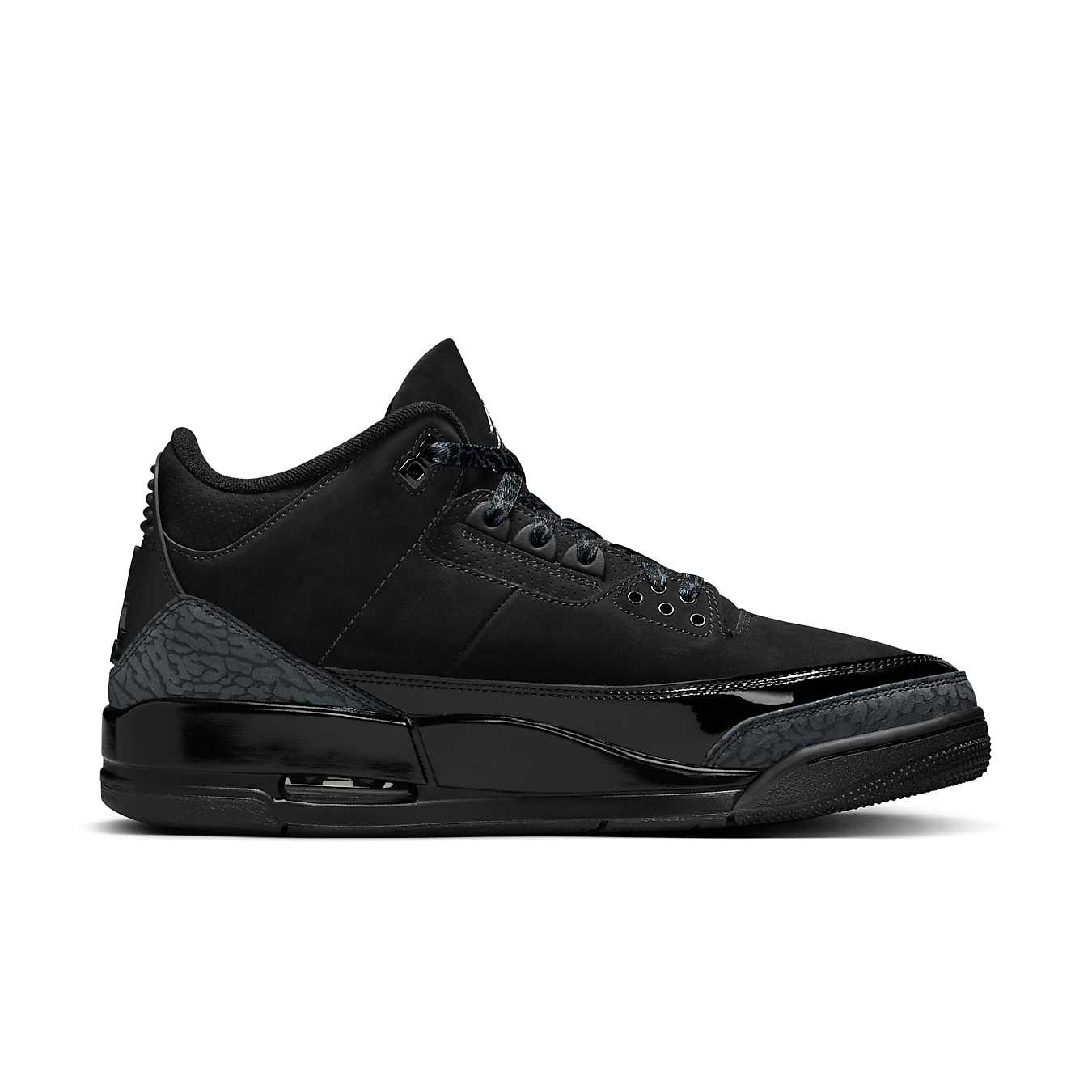 Air Jordan 3 Retro Black Cat (2025) all-black sneaker with nubuck leather and elephant print overlays.