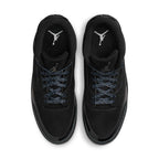 Top view of the Air Jordan 3 Retro Black Cat (2025) featuring a sleek all-black nubuck upper and signature elephant print.