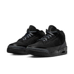 Air Jordan 3 Retro Black Cat 2025 sneakers in all-black nubuck leather with elephant print overlays.