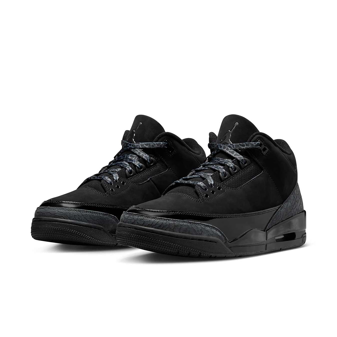 Air Jordan 3 Retro Black Cat 2025 sneakers in all-black nubuck leather with elephant print overlays.