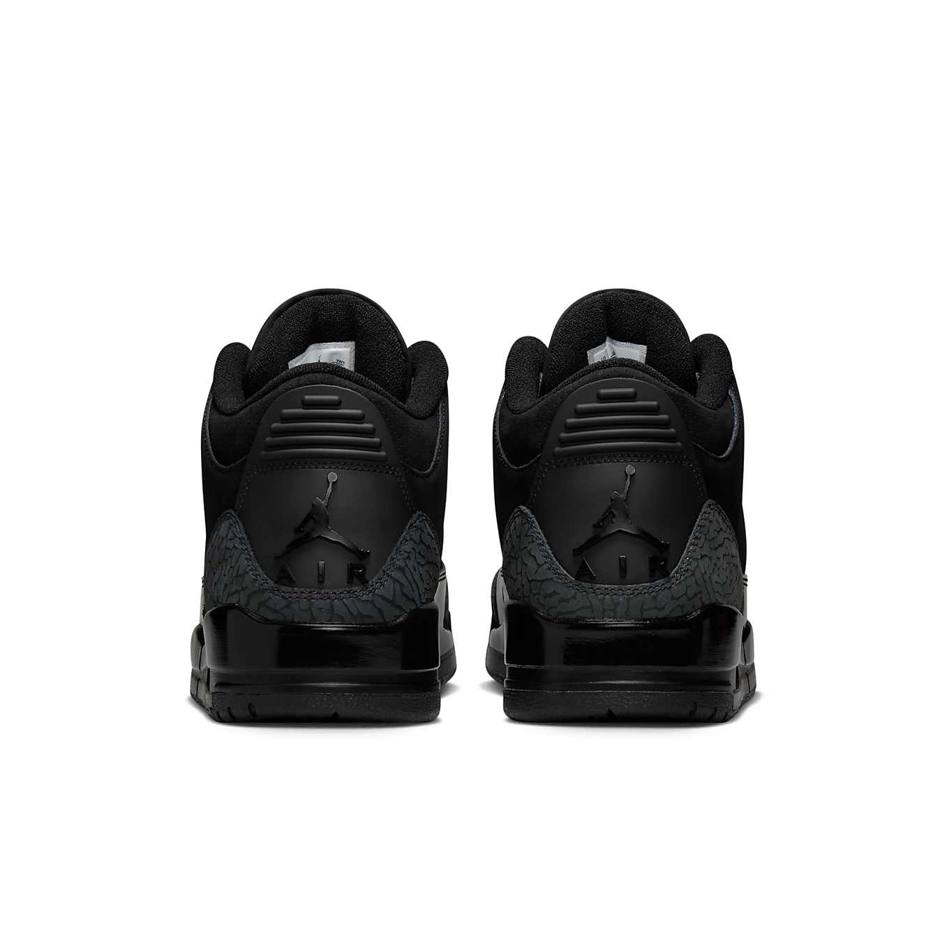 Rear view of Air Jordan 3 Retro Black Cat (2025) showcasing premium nubuck leather and elephant print overlays.