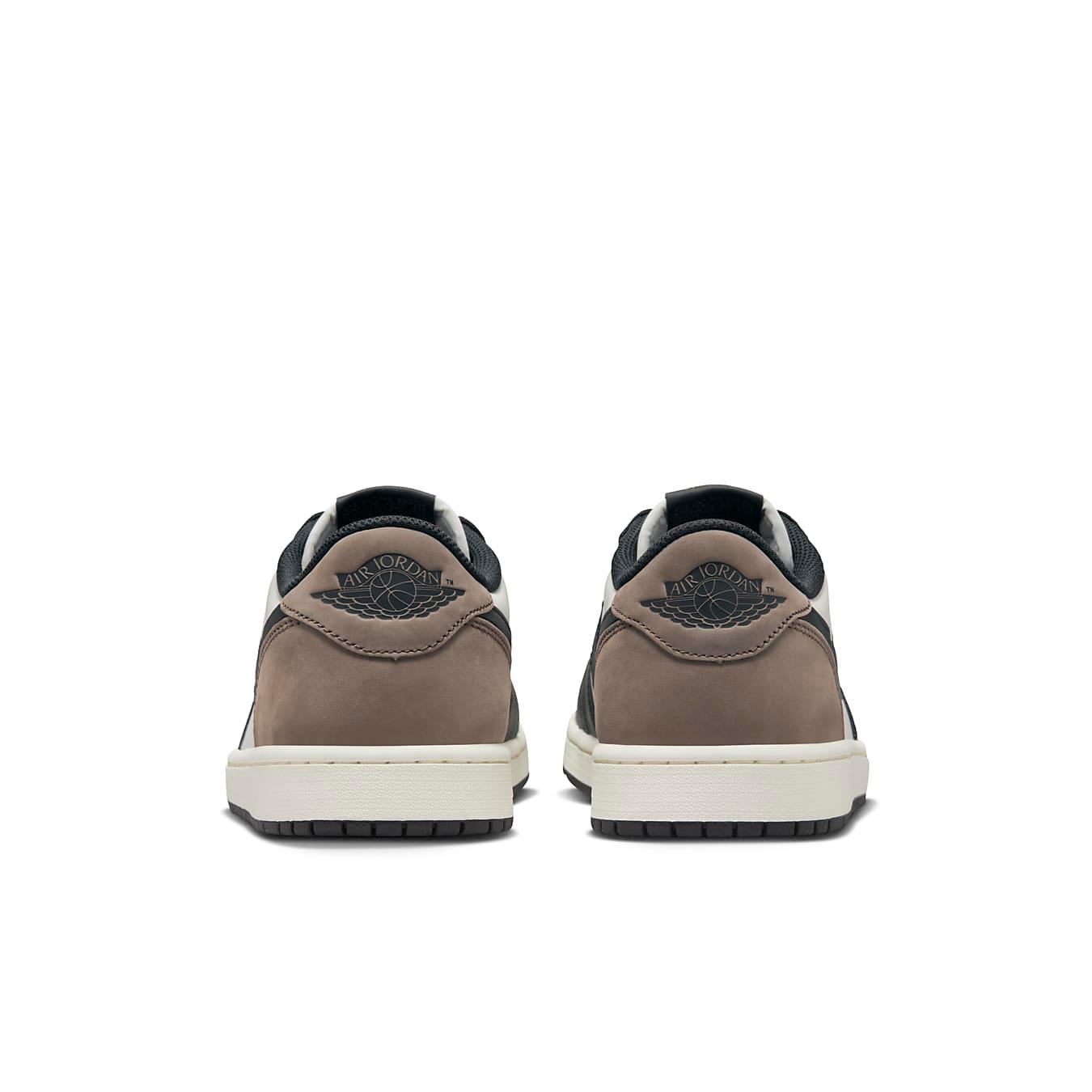 Retro Air Jordan 1 Low OG Mocha sneakers, featuring brown nubuck heel and classic Wings logo detail.