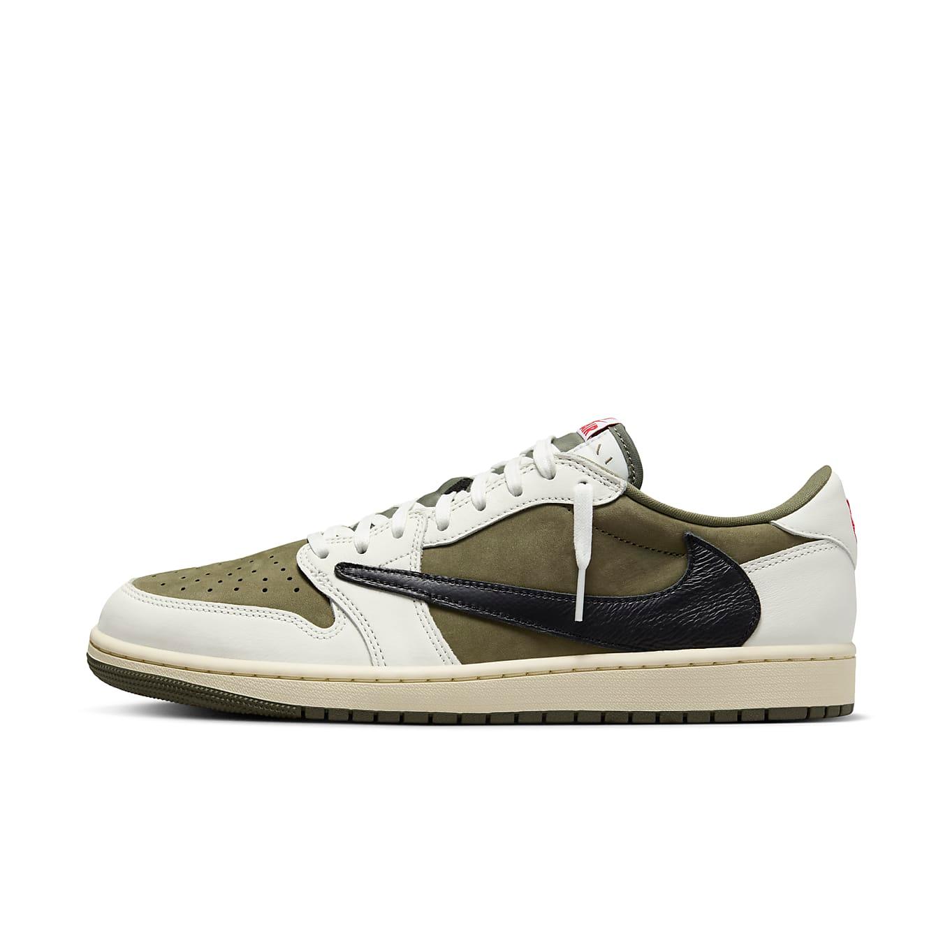Jordan 1 Retro Low OG SP Travis Scott Medium Olive sneaker in olive suede and white leather with unique black Swoosh.