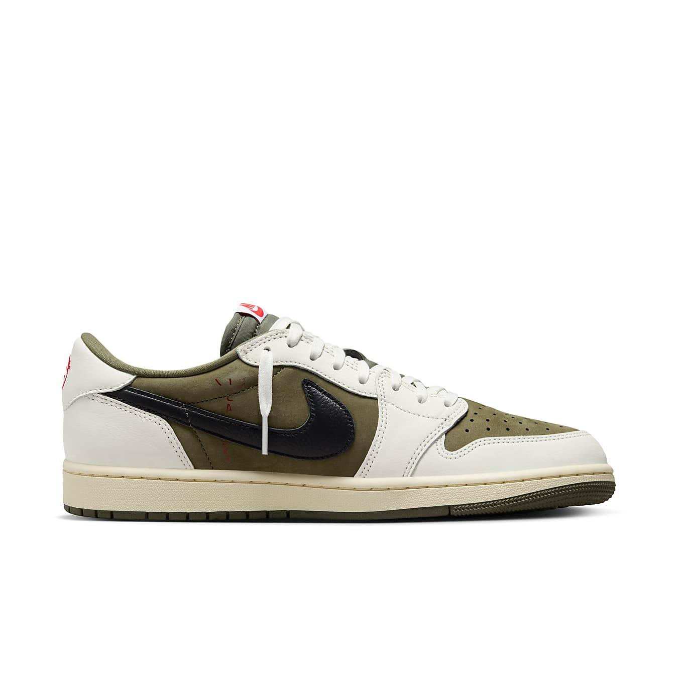 Air Jordan 1 Retro Low OG SP Travis Scott Medium Olive in olive green suede and white leather with black swoosh.
