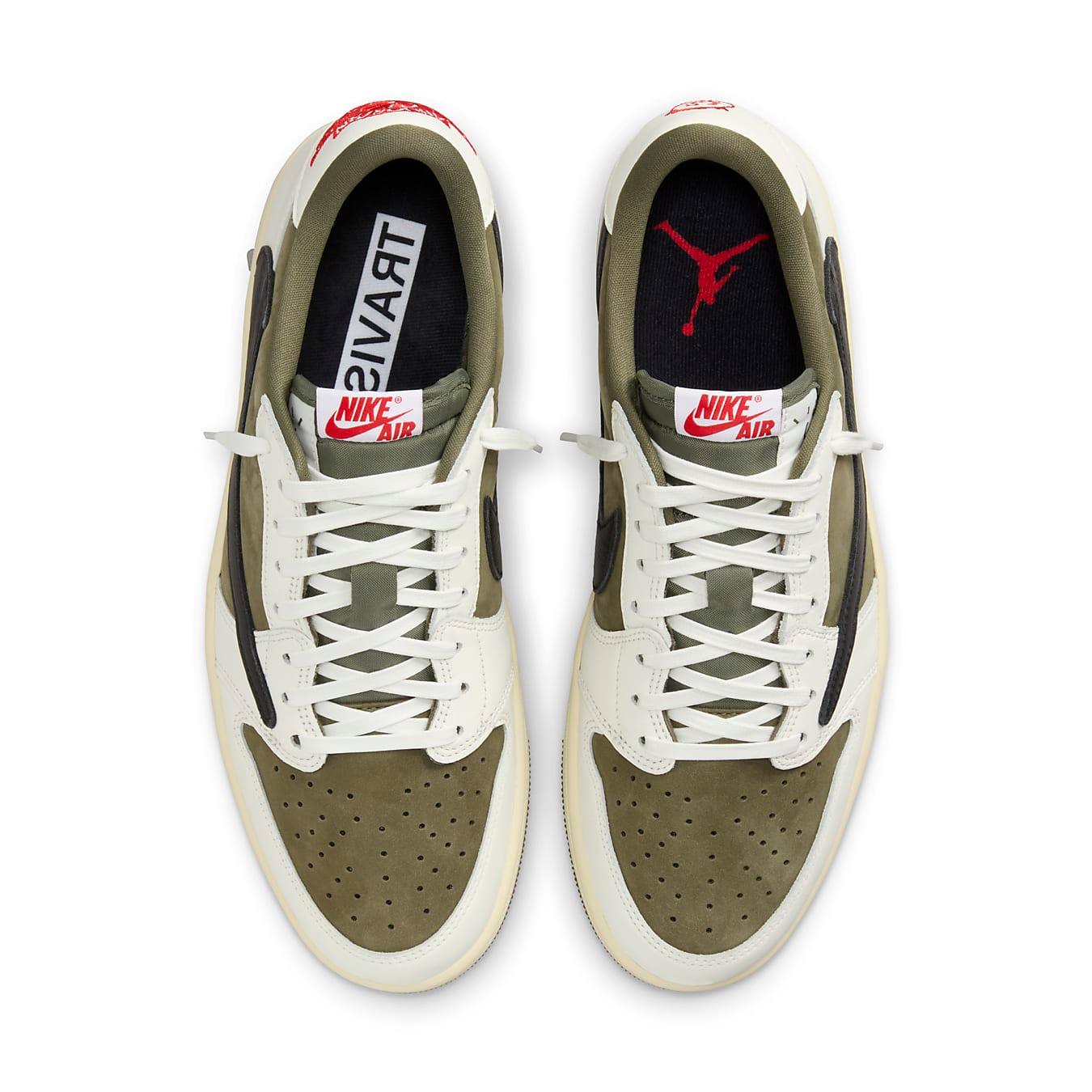 Top view of Jordan 1 Retro Low OG SP Travis Scott Medium Olive sneakers in olive suede and white leather.