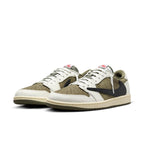 Travis Scott x Air Jordan 1 Low OG SP 'Medium Olive' in olive suede and white leather with reverse Swoosh.