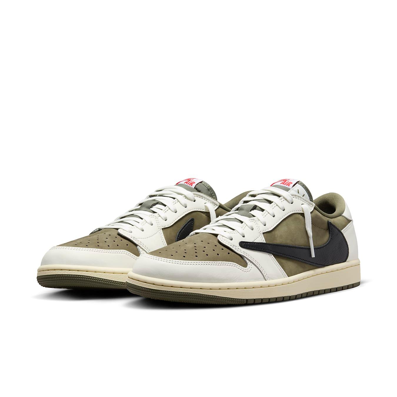 Travis Scott x Air Jordan 1 Low OG SP 'Medium Olive' in olive suede and white leather with reverse Swoosh.