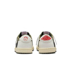 Back view of Jordan 1 Retro Low OG SP Travis Scott Medium Olive sneakers with distinct logos.