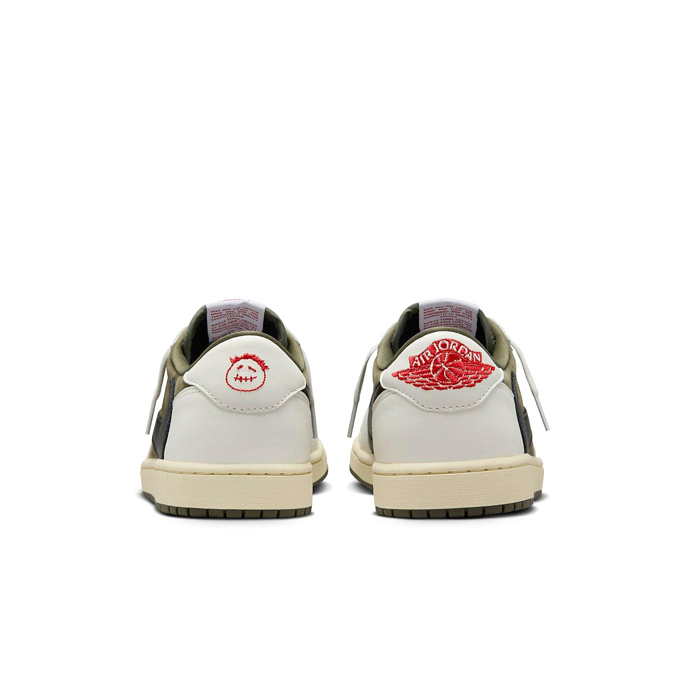 Back view of Jordan 1 Retro Low OG SP Travis Scott Medium Olive sneakers with distinct logos.