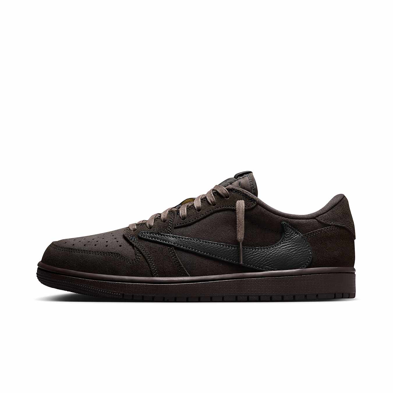Jordan 1 Retro Low OG SP Travis Scott Velvet Brown sneaker with premium materials and reverse Swoosh.