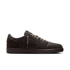 Jordan 1 Retro Low OG SP Travis Scott Velvet Brown sneaker featuring suede design and iconic reversed Swoosh.