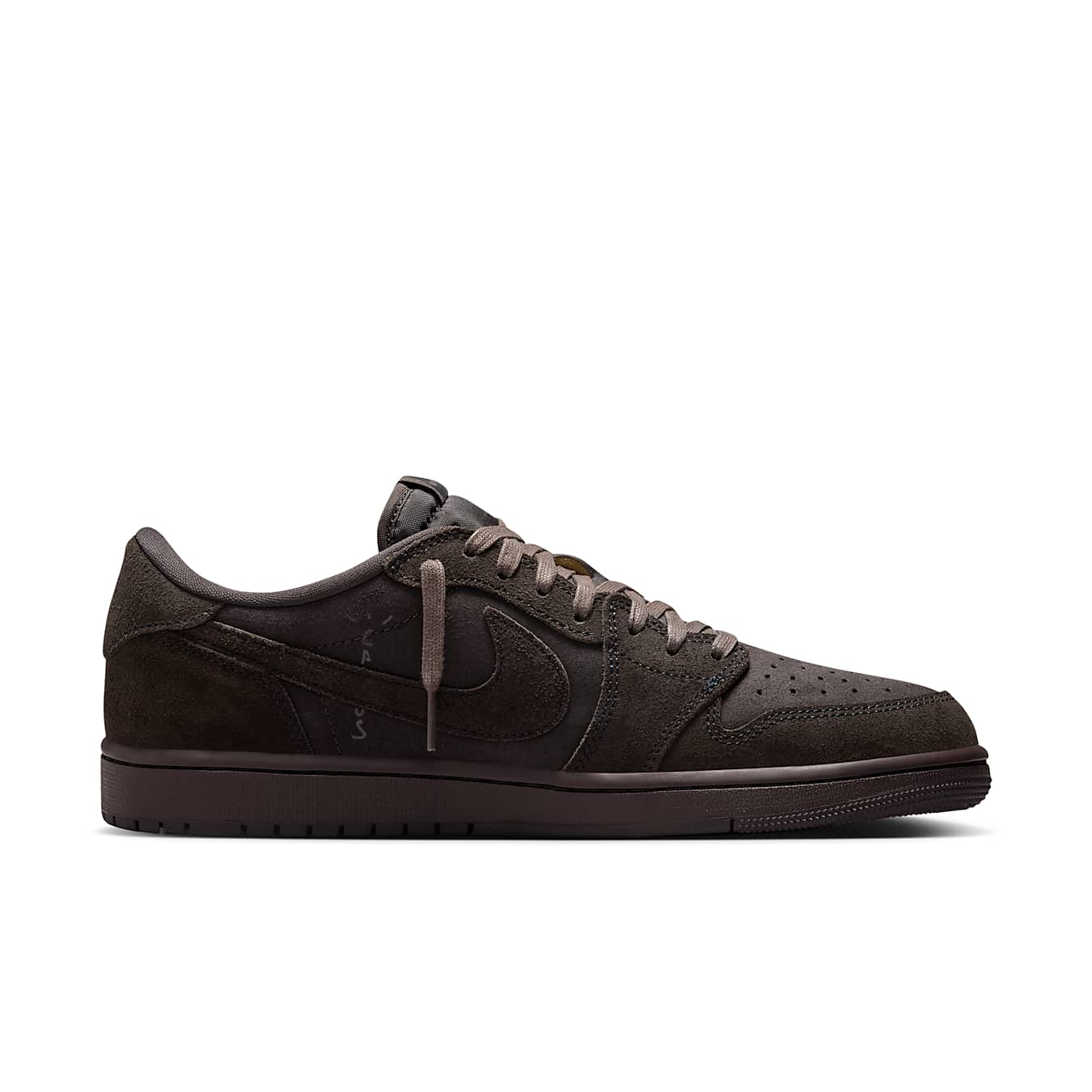 Jordan 1 Retro Low OG SP Travis Scott Velvet Brown sneaker featuring suede design and iconic reversed Swoosh.