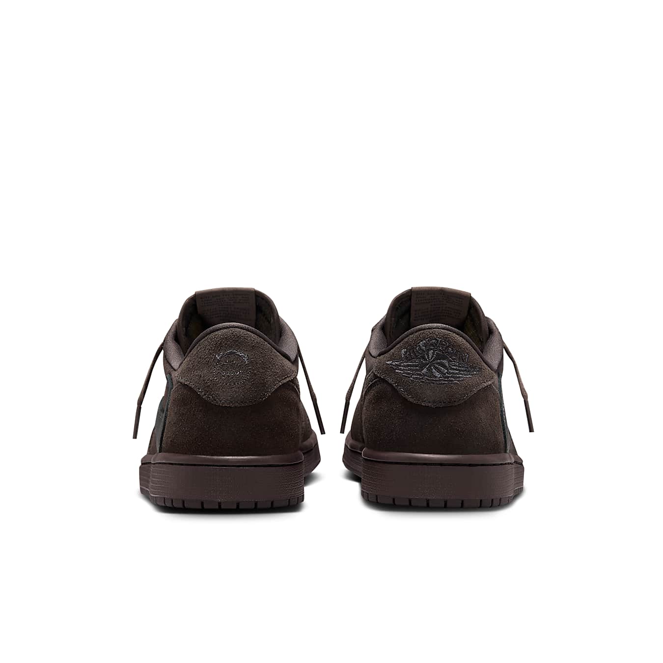 Back view of Jordan 1 Retro Low OG SP Travis Scott Velvet Brown sneakers showcasing premium suede and iconic design details.