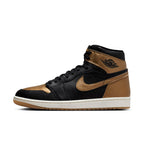 Jordan 1 Retro High OG Black Metallic Gold sneaker featuring black leather upper and metallic gold accents.