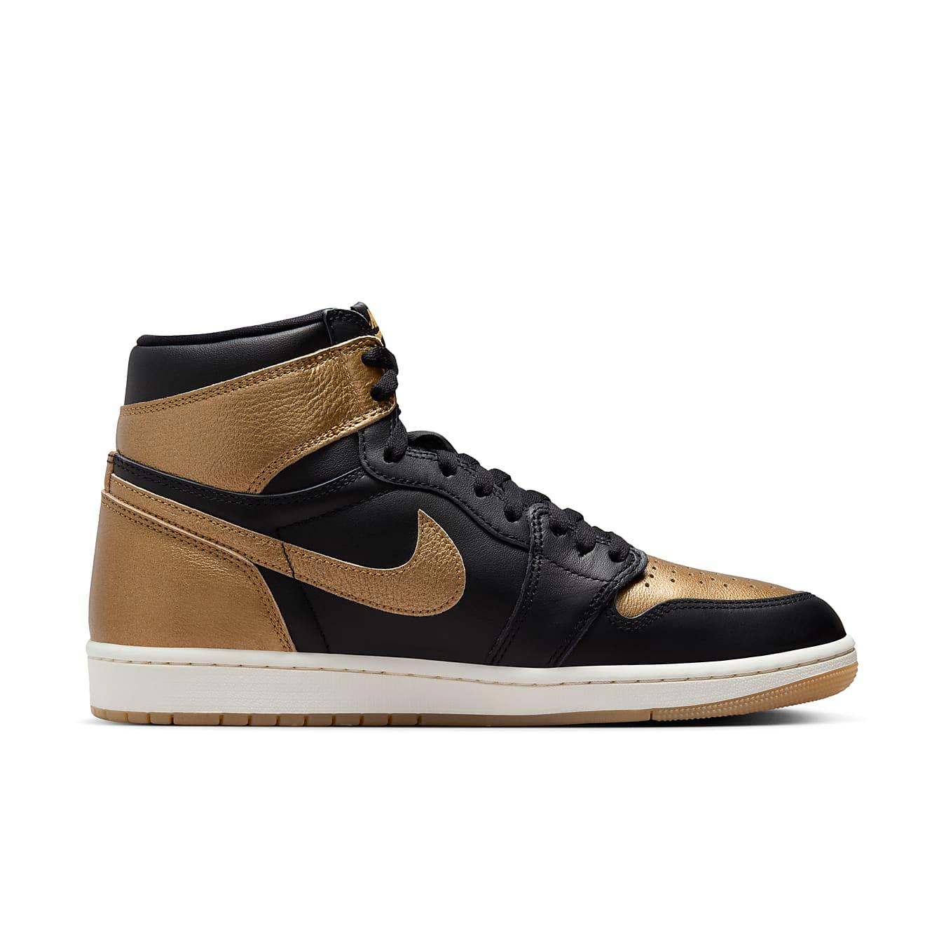 Jordan 1 Retro High OG Black Metallic Gold sneaker with black leather and metallic gold accents.