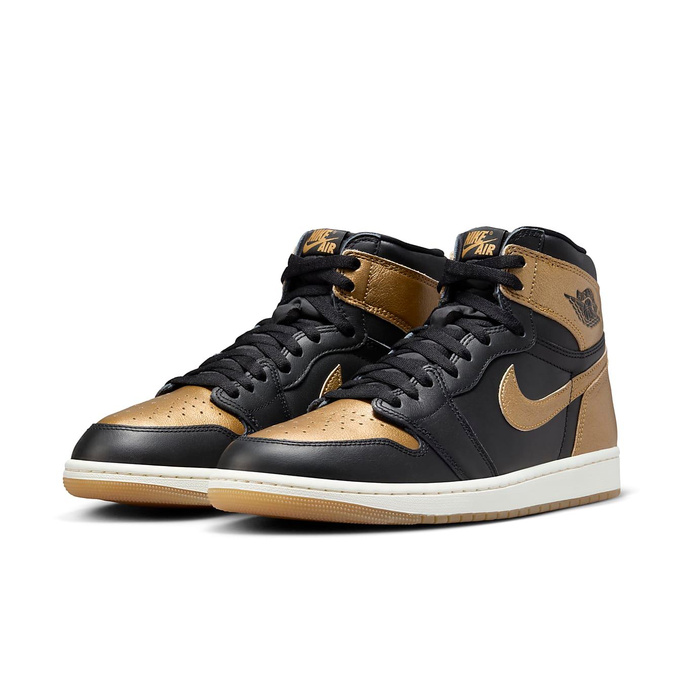 Air Jordan 1 Retro High OG Black Metallic Gold sneakers featuring sleek black leather and metallic gold accents.