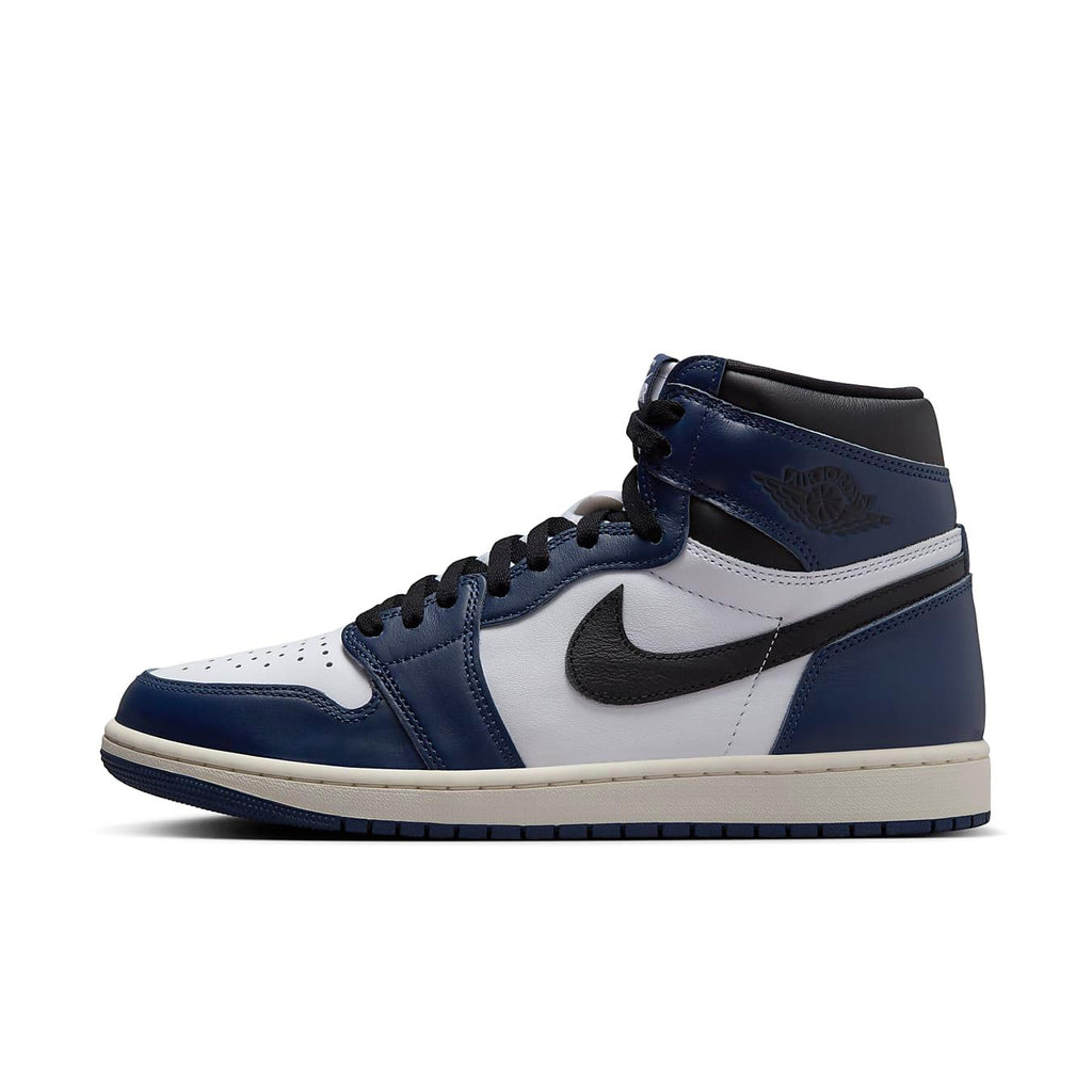 Jordan 1 Retro High OG Midnight Navy sneakers featuring a stylish blue and white colorway, perfect for casual wear.