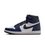 Jordan 1 Retro High OG Midnight Navy sneakers featuring a stylish blue and white colorway, perfect for casual wear.