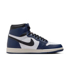 Nike Air Jordan 1 Retro High OG Midnight Navy side view, featuring navy and white leather, iconic design.