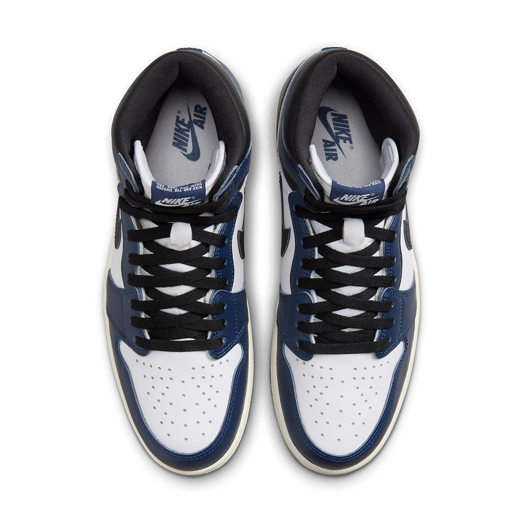 Top view of the Jordan 1 Retro High OG Midnight Navy sneakers in white and navy with black shoelaces.