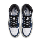 Top view of the Jordan 1 Retro High OG Midnight Navy sneakers in white and navy with black shoelaces.