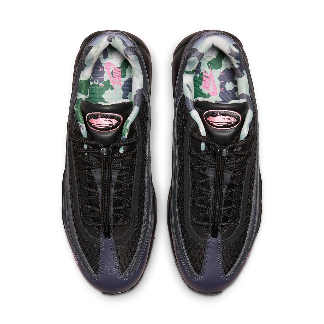 Nike Air Max 95 SP x Corteiz 'Pink Beam' sneaker top view with black upper and camo insole.