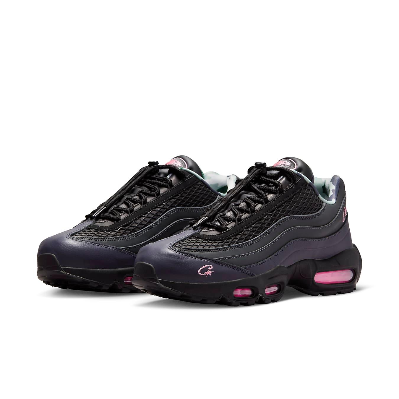 Nike Air Max 95 SP x Corteiz 'Pink Beam' with black leather and pink accents, featuring unique streetwear designs.