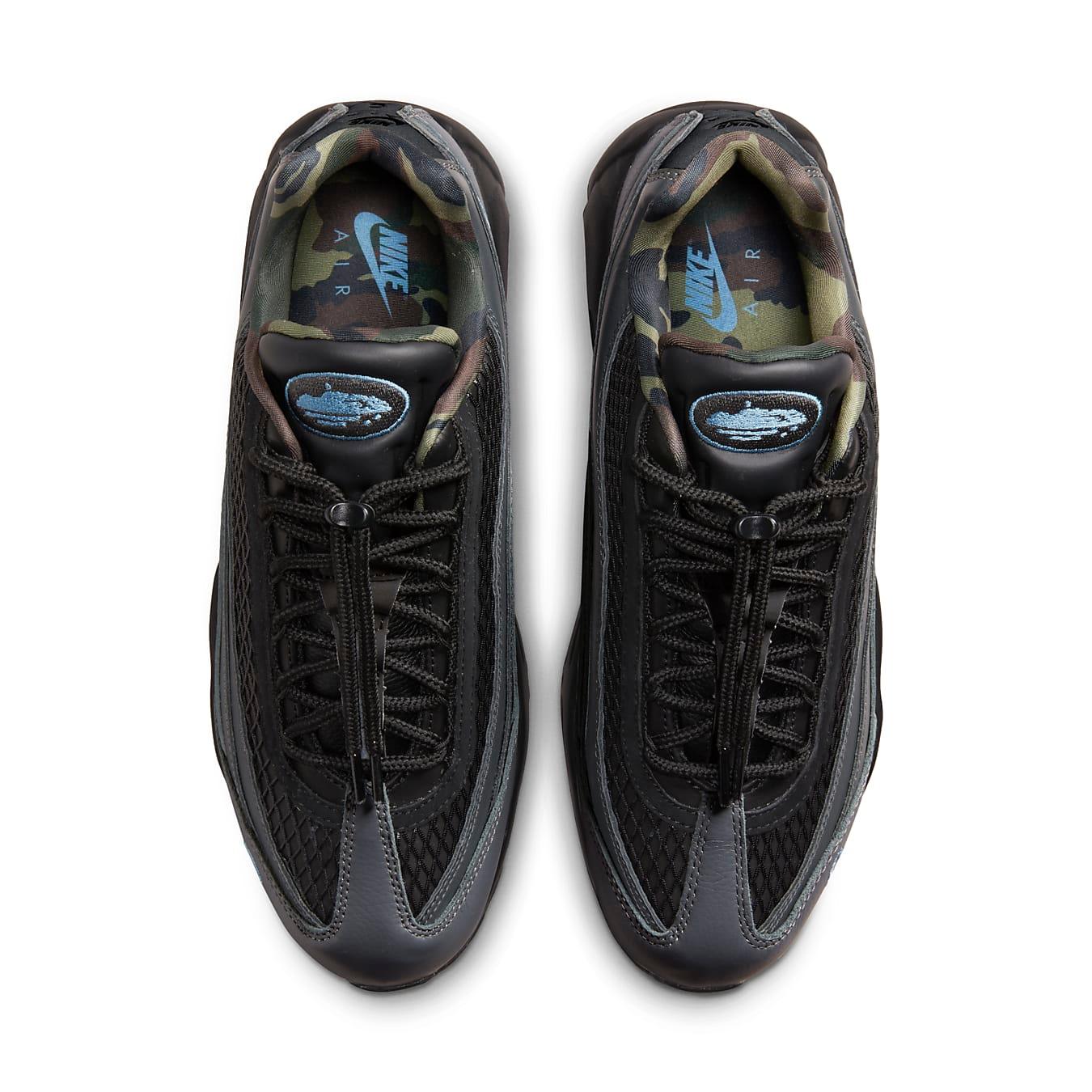 Nike Air Max 95 SP Corteiz Aegean Storm sneakers in black and camo, featuring layered leather upper and reactive Air cushioning.