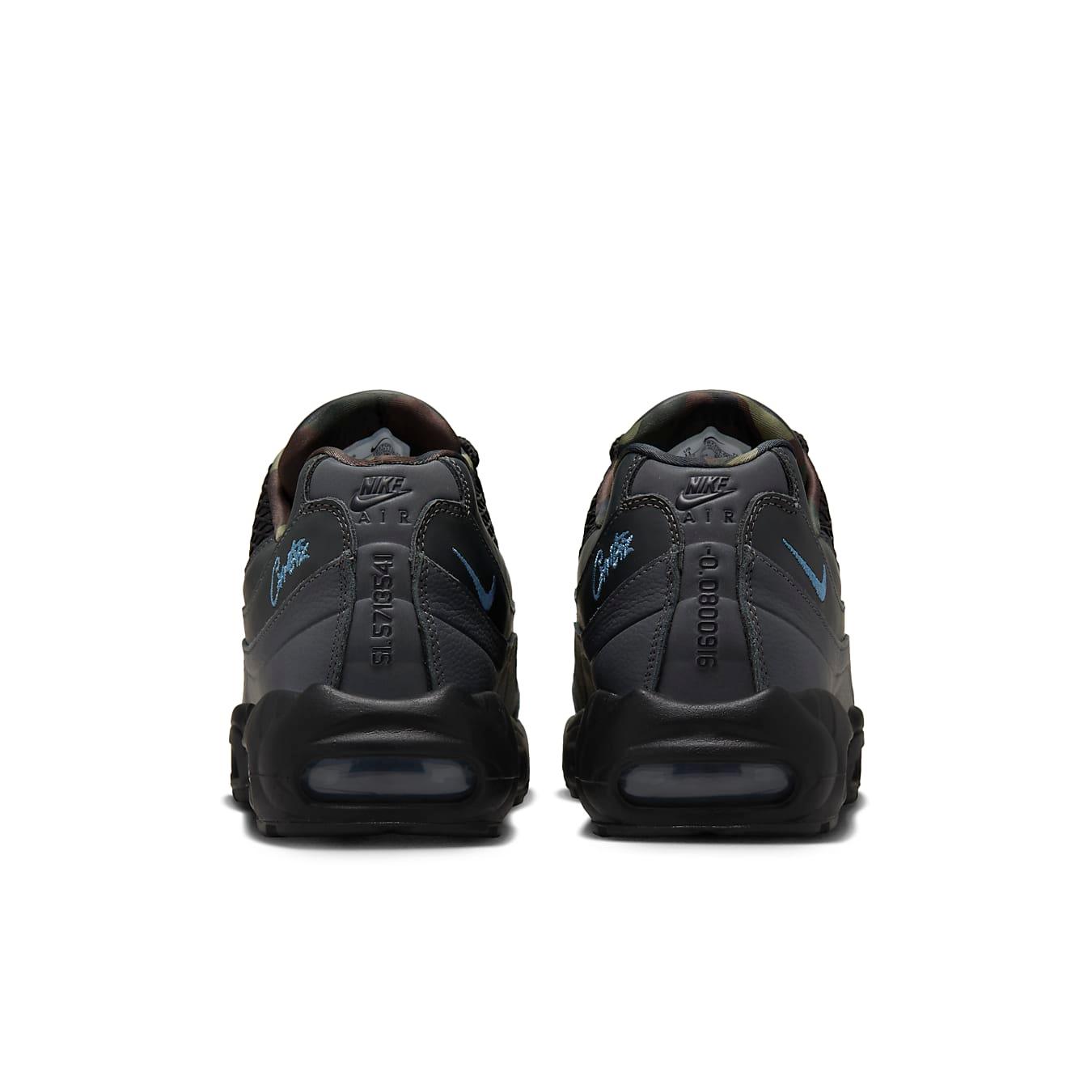 Nike Air Max 95 SP Corteiz 'Aegean Storm' shoes, rear view showcasing black leather and blue accents.