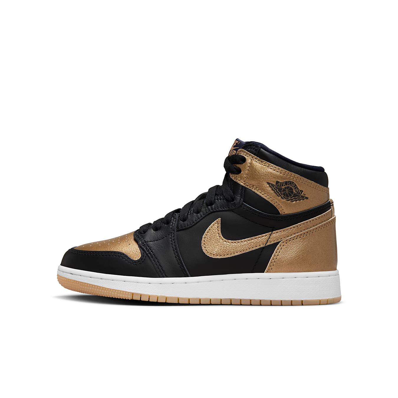 Air Jordan 1 Retro High OG GS 'Black Metallic Gold' with black leather and metallic gold accents.