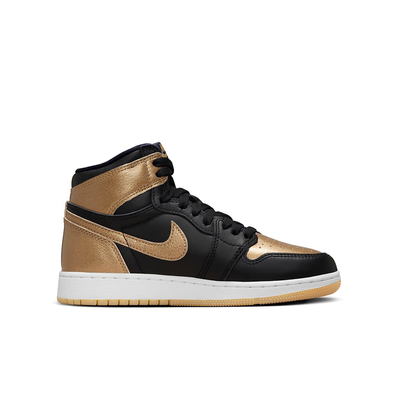 Air Jordan 1 Retro High OG Black Metallic Gold GS shoes in black leather with metallic gold accents.