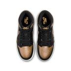 Air Jordan 1 Retro High OG Black Metallic Gold shoes from the top view, featuring black and metallic gold design.