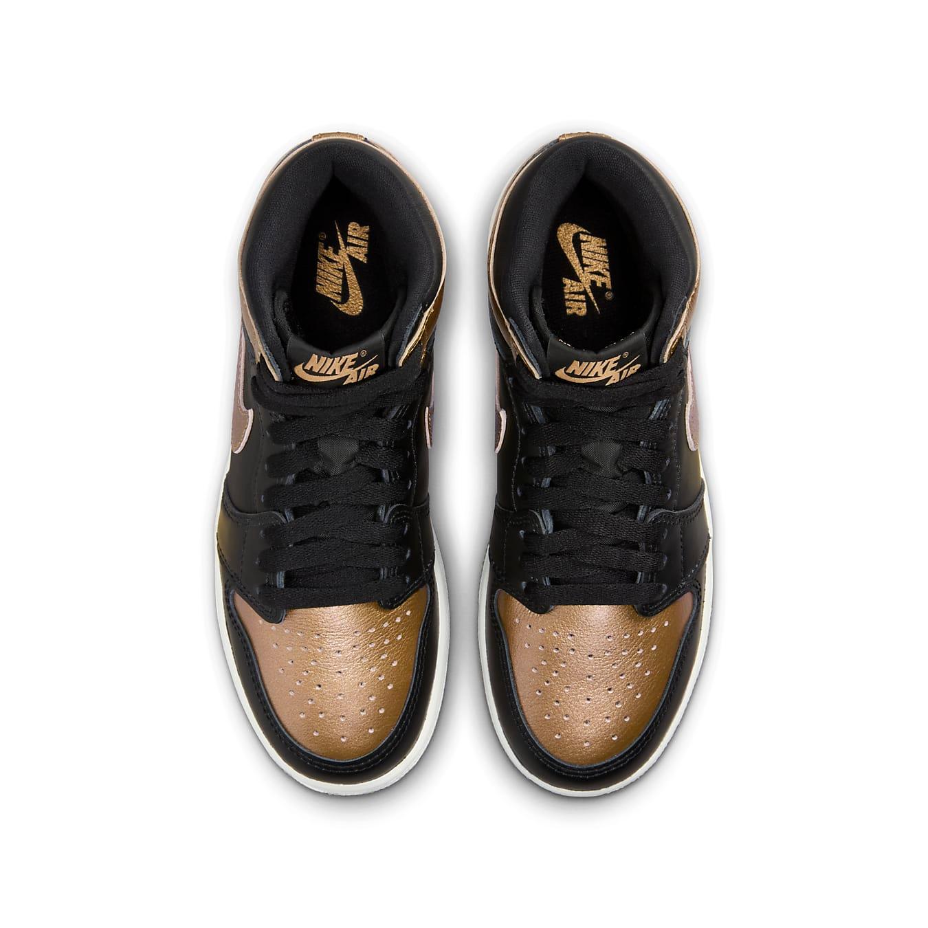 Air Jordan 1 Retro High OG Black Metallic Gold shoes from the top view, featuring black and metallic gold design.