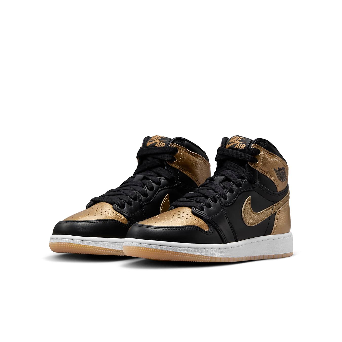 Air Jordan 1 Retro High OG GS in black and metallic gold with iconic design details.
